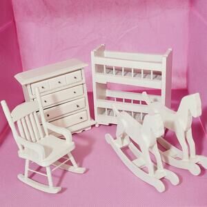 Vtg Wood Dollhouse Nursery Furniture 1:12 Bunk Bed Rocking Horse Chair Dresser